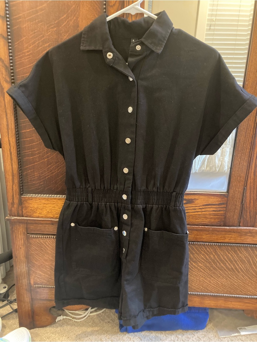 Black Short-Sleeve Button-Front Romper with Elastic Waist